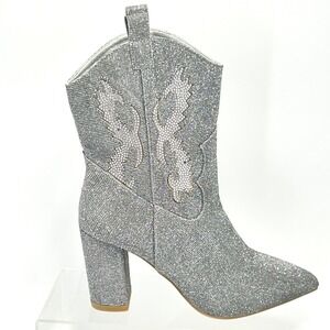 MIA Size 9 Silver Glitter Cowboy Boots NEW Gypsi Block Heel Metallic Women's